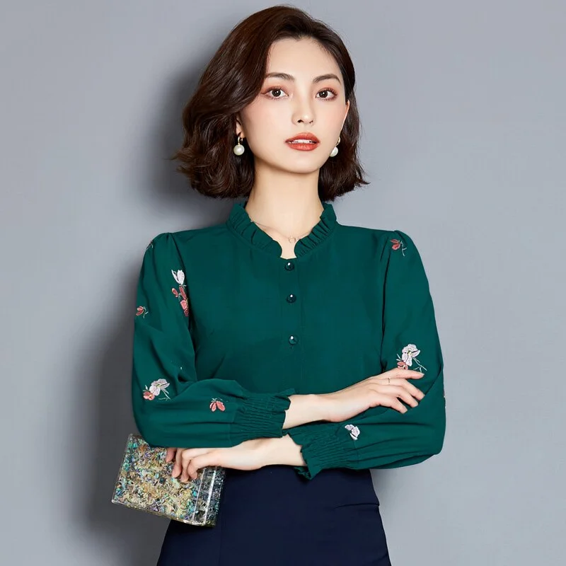 Clothing Women 2021 Plus Size 4XL Long Sleeve Women's Blouses Printed Solid Color Shirt Chiffon Blouse Ladies Tops 5 Color 2640