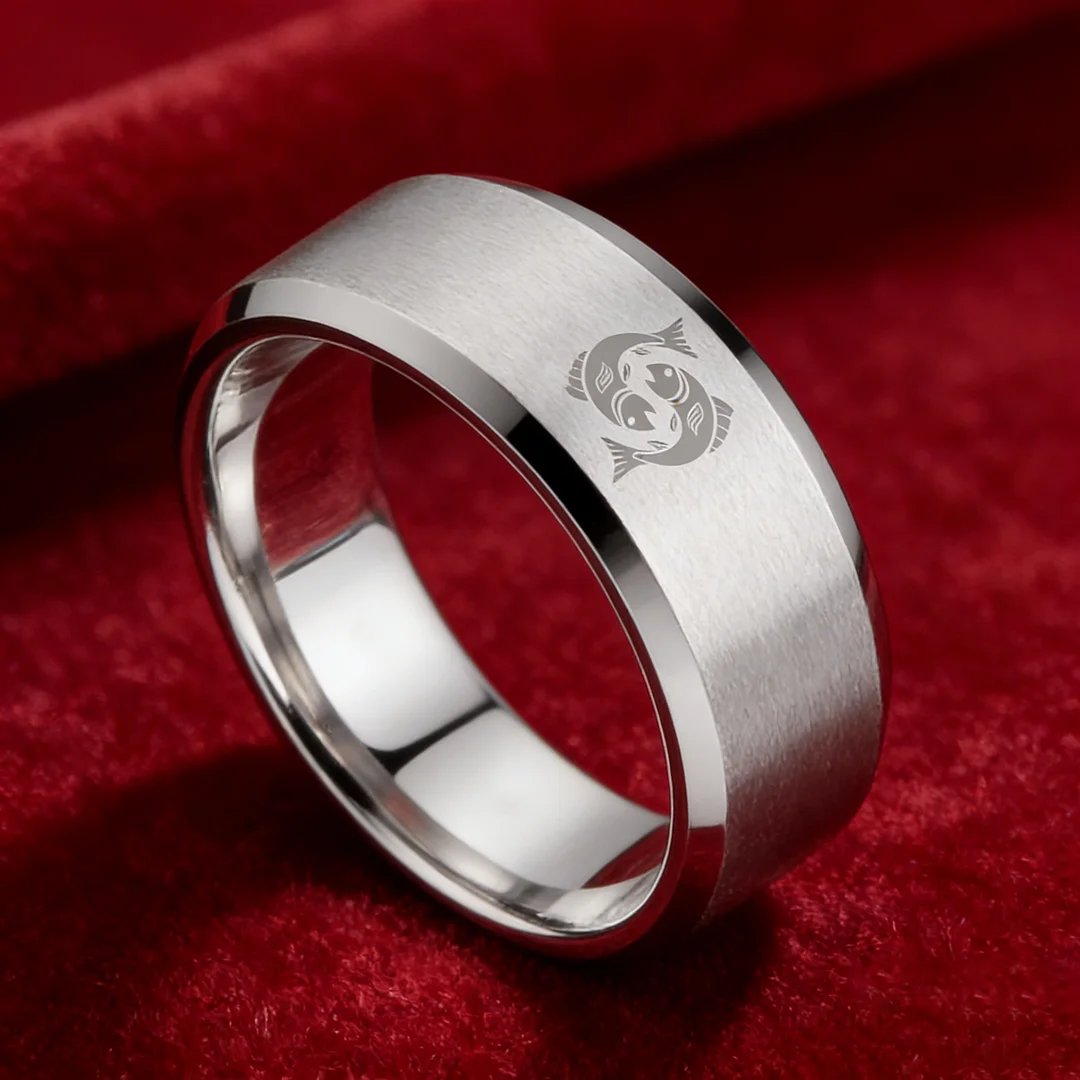 Sliver Edges and Laser Etched Wedding Band Comfort Fit Mens Womens Sliver Pisces Tungsten Carbide Rings 4MM 6MM 8MM