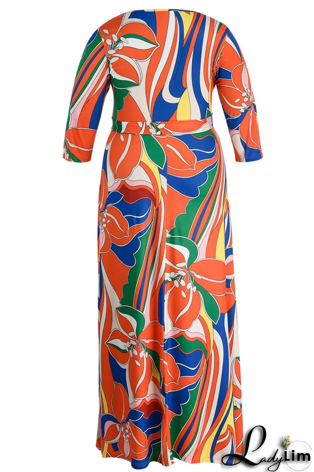 Purplish Blue Casual Print Bandage Patchwork V Neck Plus Size Dresses