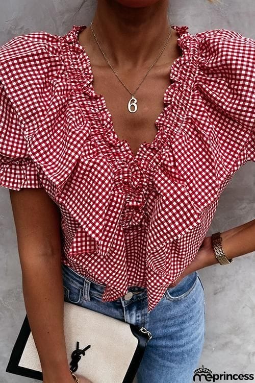 Plaid Ruffles V Neck Puff Sleeve Blouse