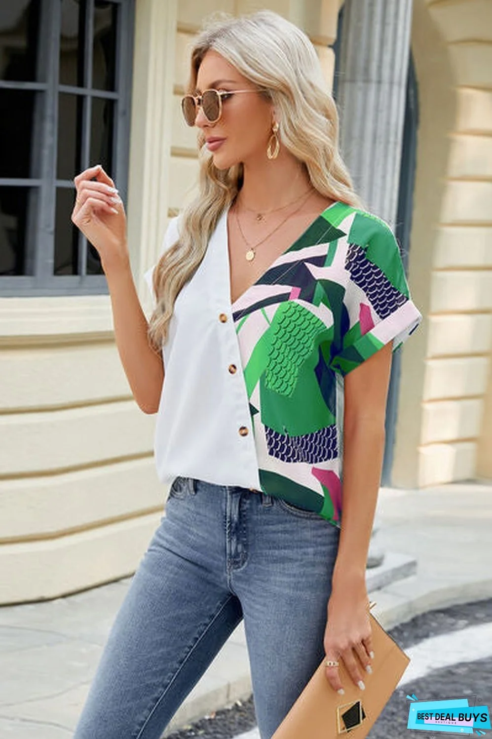 Printed Surplice Short Sleeve Blouse