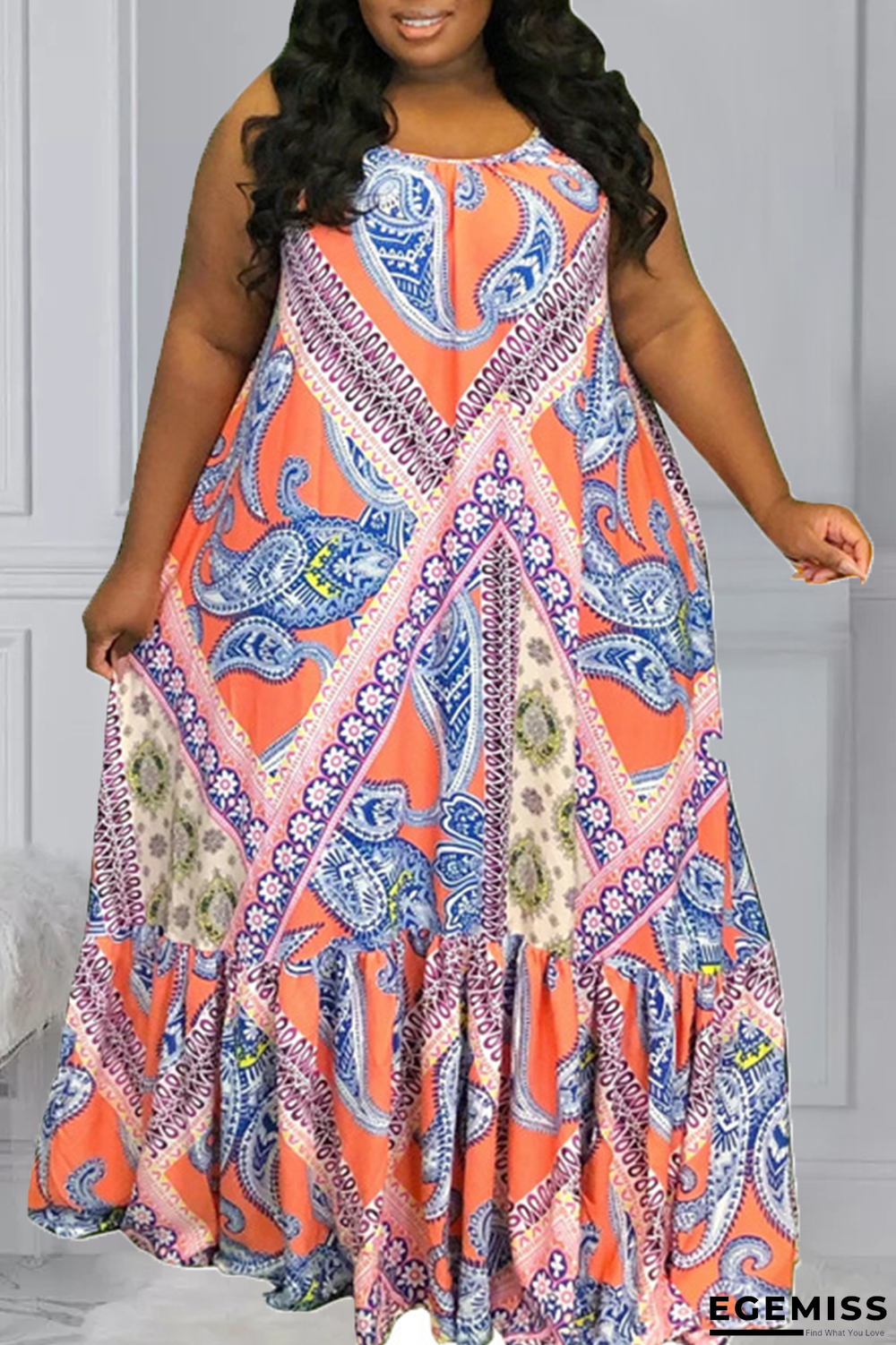 Tangerine Red Casual Print Patchwork Spaghetti Strap Straight Plus Size Dresses | EGEMISS