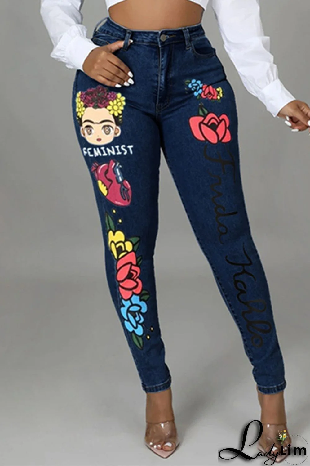 Deep Blue Fashion Casual Print Patchwork Mid Waist Skinny Denim Jeans