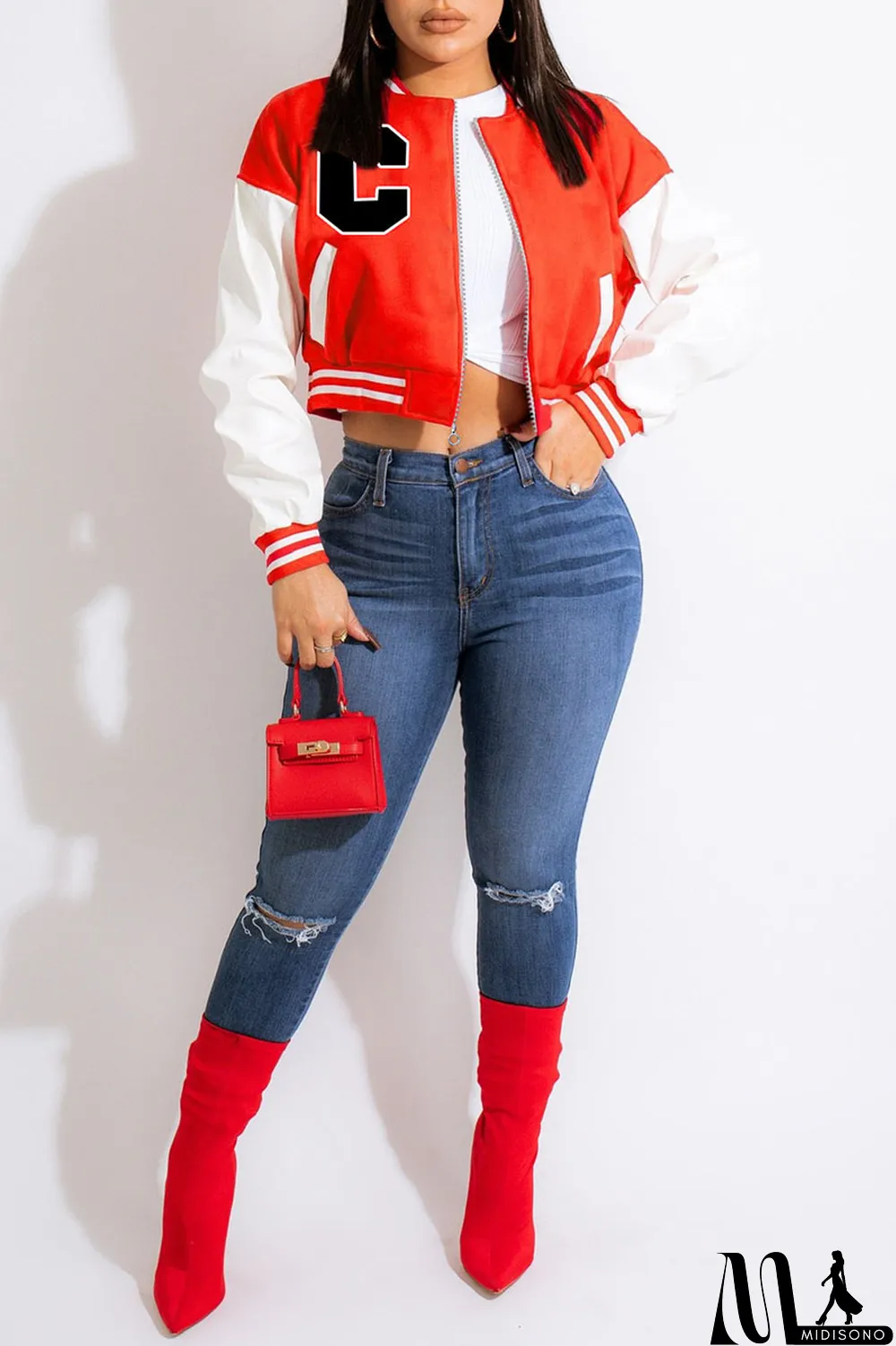 MidiSono - Blue Casual Print Patchwork Zipper Outerwear