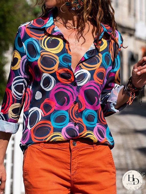Blouses Printed Lapel Button Long Sleeve Blouse for Women