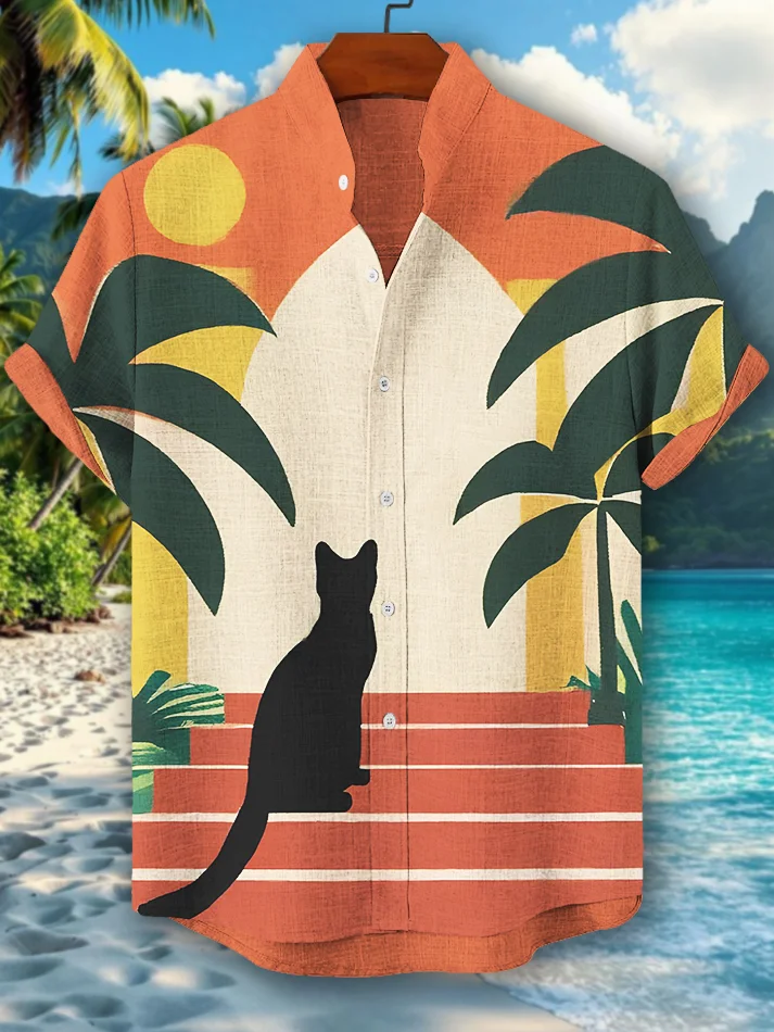 Men's Black Cat Hawaii Vacation Art Print Casual Shirt