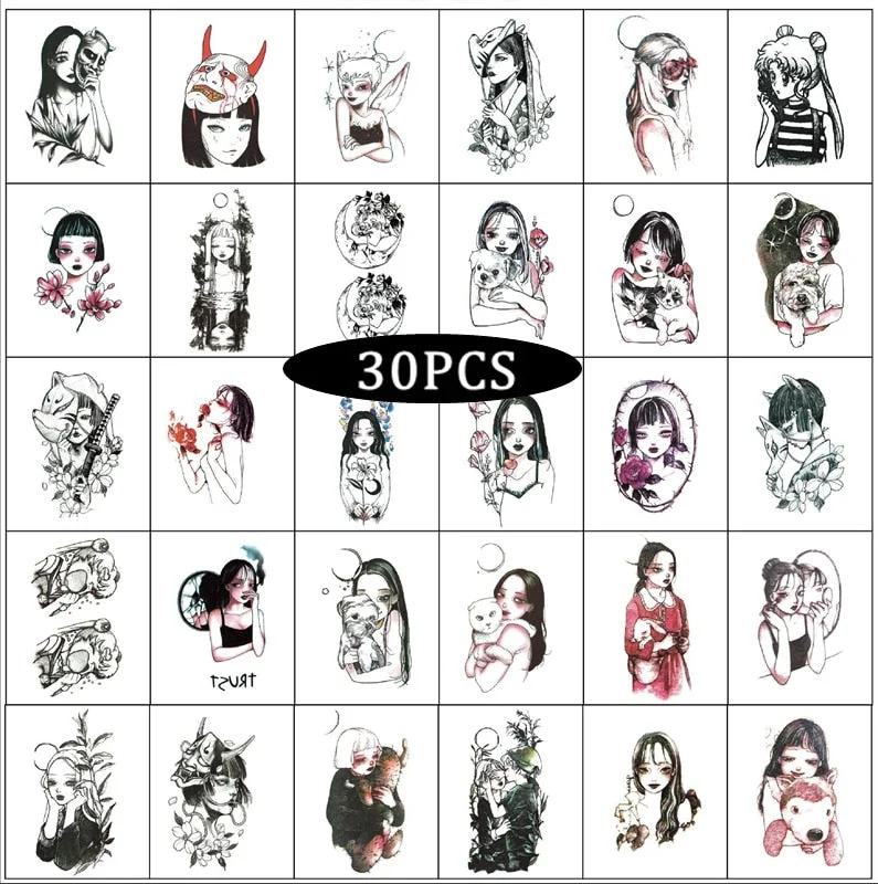 30PCS Black Girls Waterproof Tattoo Stickers for Women Men Body Art Arm Decals Water Transfer Temporary Tattos Bueaty Tatoos