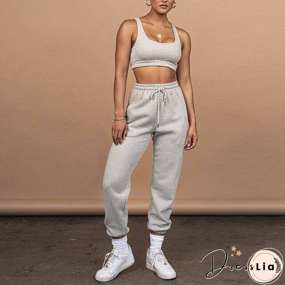 2 Piece Women Sports Casual Set Sweatshirt Crop Tops Pocket Sweatpants Baggy Pants Tracksuit Streetwear Joggers Summer Outfits