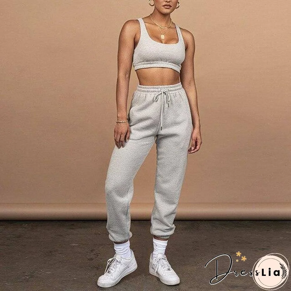 2 Piece Women Sports Casual Set Sweatshirt Crop Tops Pocket Sweatpants Baggy Pants Tracksuit Streetwear Joggers Summer Outfits