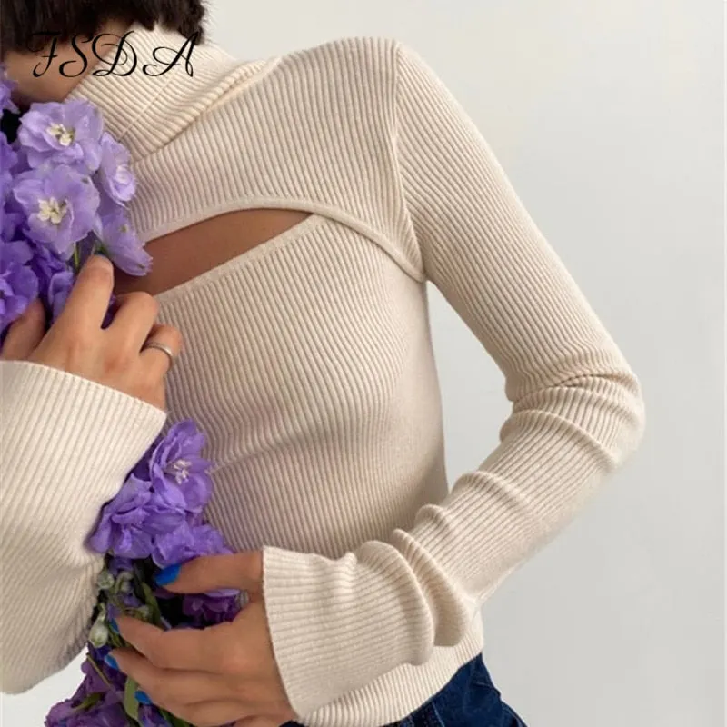 FSDA Long Sleeve 2020 Turtleneck Hollow Out T Shirt Women Black Basic Knitted Top Autumn Winter Casual Sexy Top Shirts Fashion