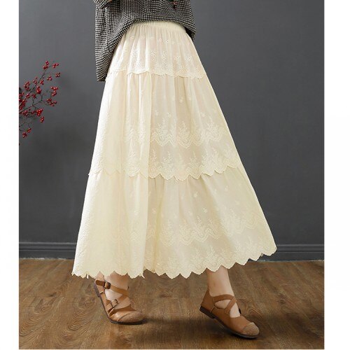 Retro embroidery skirt crocheted hollow casual elastic waist A-line mid-length skirt