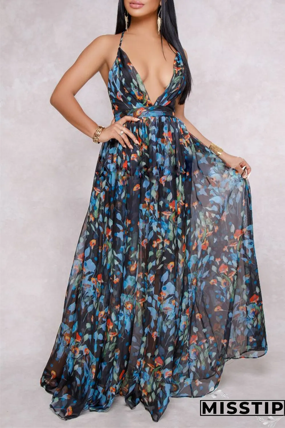 Pink Fashion Casual Print Backless V Neck Sling Dress