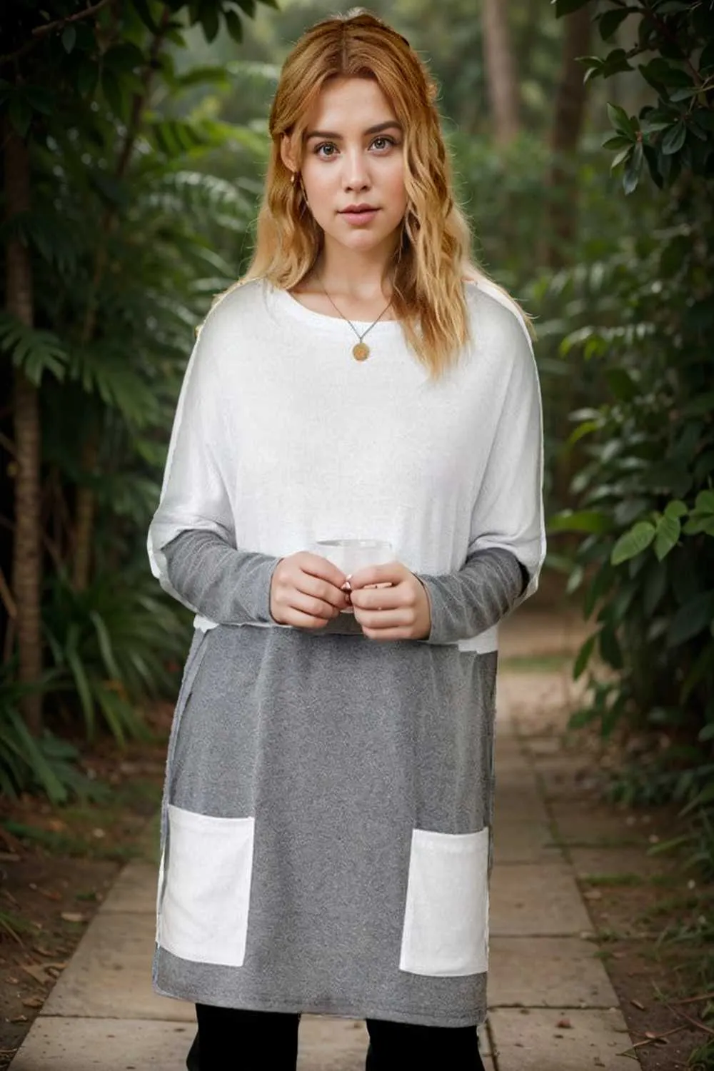 two color stitching pocket loose long sleeve t shirt