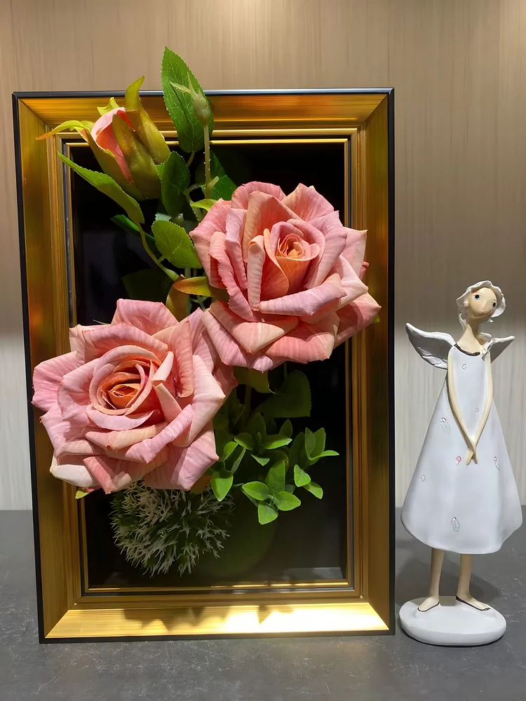 Artificial Pink Rose Framed Floral Art | Realistic Faux Rose Shadow Box Decor, 7.8*11.8 in