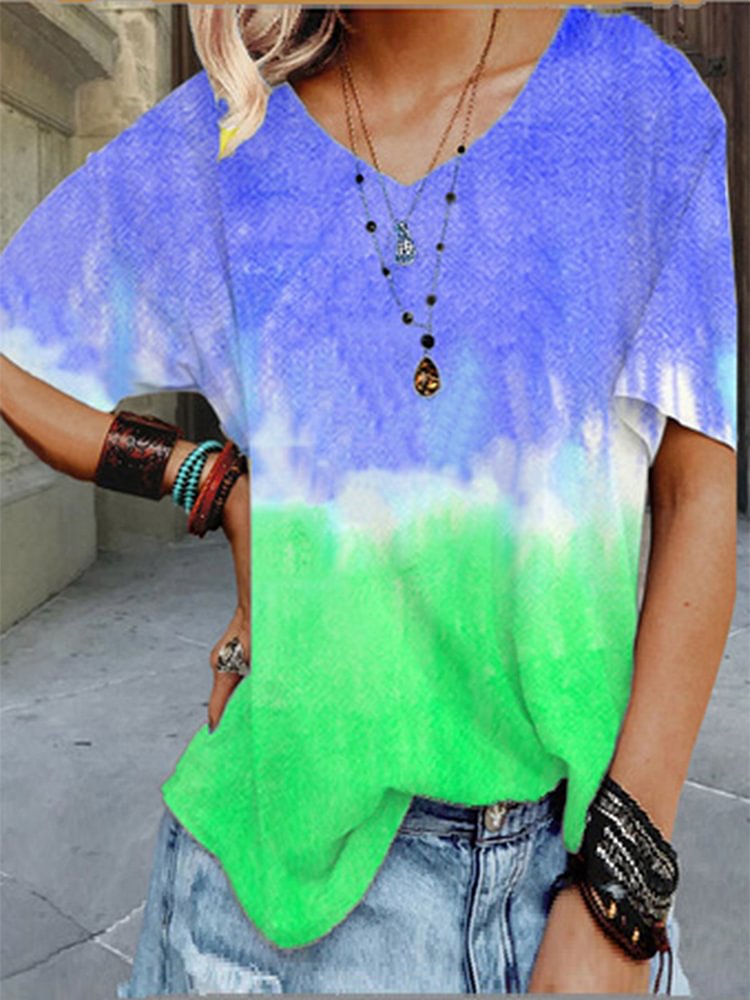 Women's All-Match Short Sleeve V-Neck Tie-Dyed Top