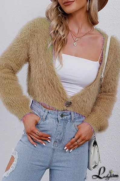 Solid Split Joint Buttons V Neck Outerwear