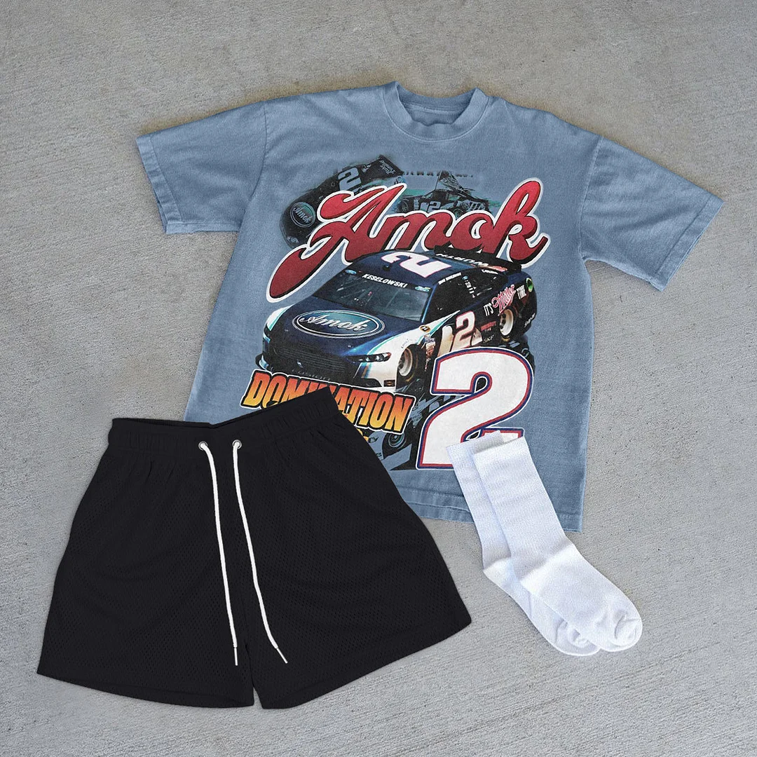 Retro Casual Racing T-Shirt Shorts Two-Piece Set