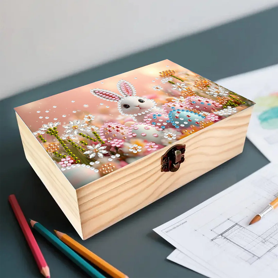 5D DIY Diamond Painting Handmade Wood Storage Box for Home Decor Craft (Rabbit)