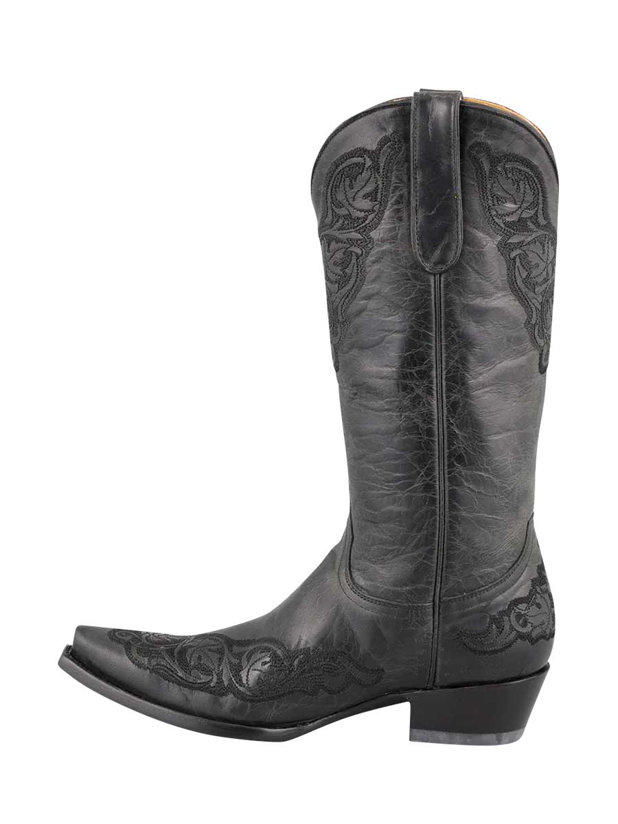 Black Snip Toe Flower Embroidered Chunky Heeled Mid-Calf Boots