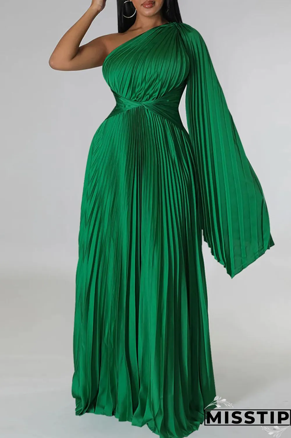 Colorful Blue Elegant Solid Patchwork Fold Oblique Collar Straight Dresses