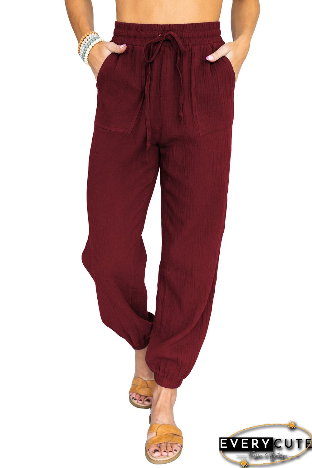 Wine Red Drawstring Elastic Waist Joggers with Pockets