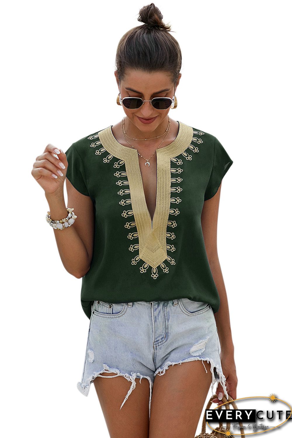 Green Short Sleeve Printed Neck Shift Blouse