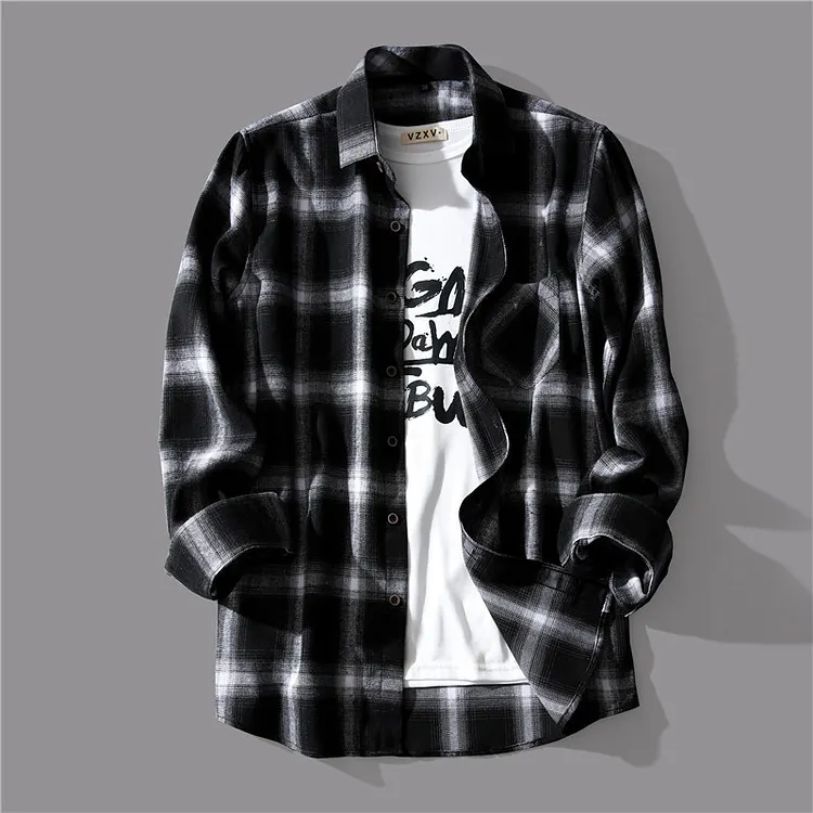 2025 Black and White Checkered Shirt, Men's Korean Style Fashionable Spring and Autumn Shirt