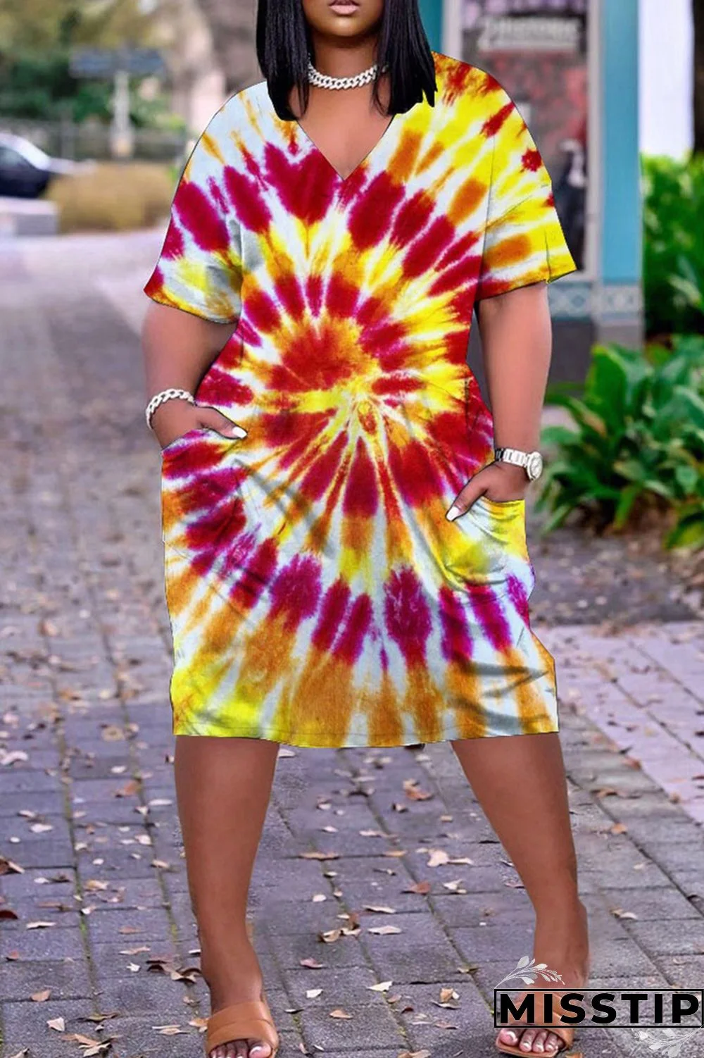 Blue Red Fashion Casual Print Tie-dye V Neck Short Sleeve Dress
