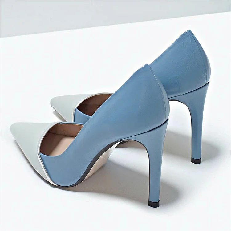 Light Blue 4 Inch Heels Pointy Toe Patchwork Office Stiletto Shoes |FSJ Shoes
