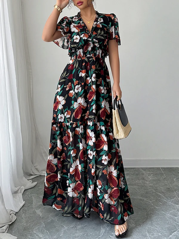 Contrast Color Elasticity Flower Print Pleated A-Line Loose V-Neck Maxi Dresses