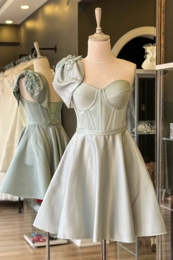 Ovlias Mint Green One shoulder Sweetheart Homecoming Dress with Applique CH0011
