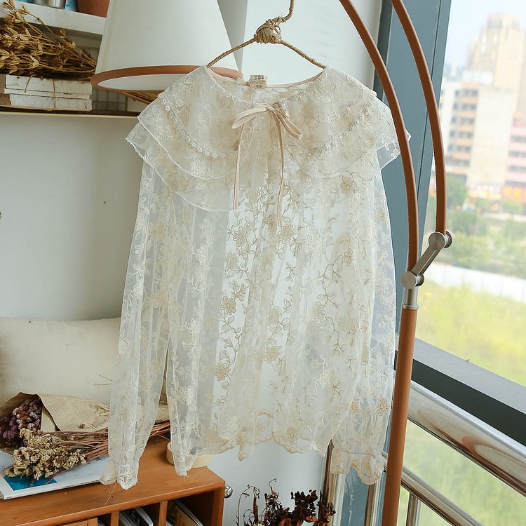 Queenfunky cottagecore style Long Sleeve Sheer Embroidered Lace Blouse QueenFunky