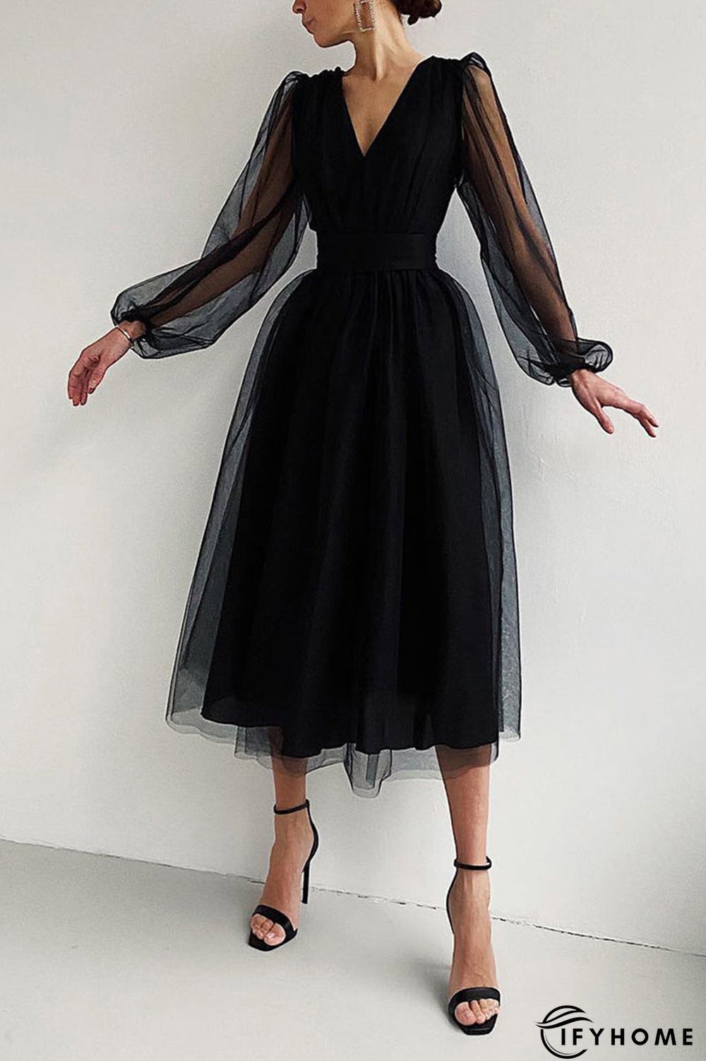 V Neck Tulle Long Sleeve Midi Dress | IFYHOME