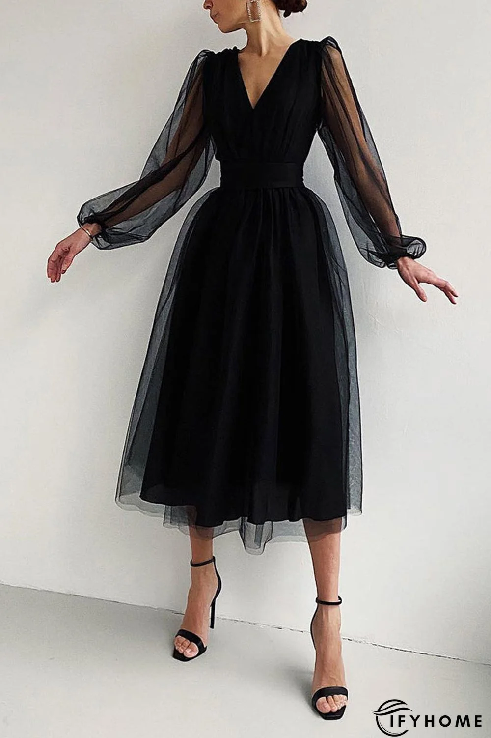 V Neck Tulle Long Sleeve Midi Dress | IFYHOME