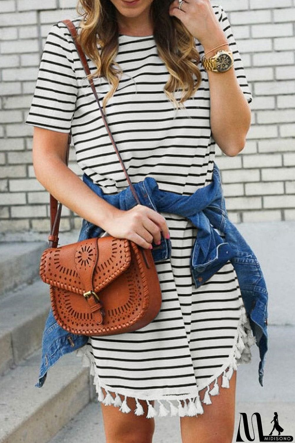 MidiSono - Crew Neck Striped T-shirt Mini Dress with Tassel