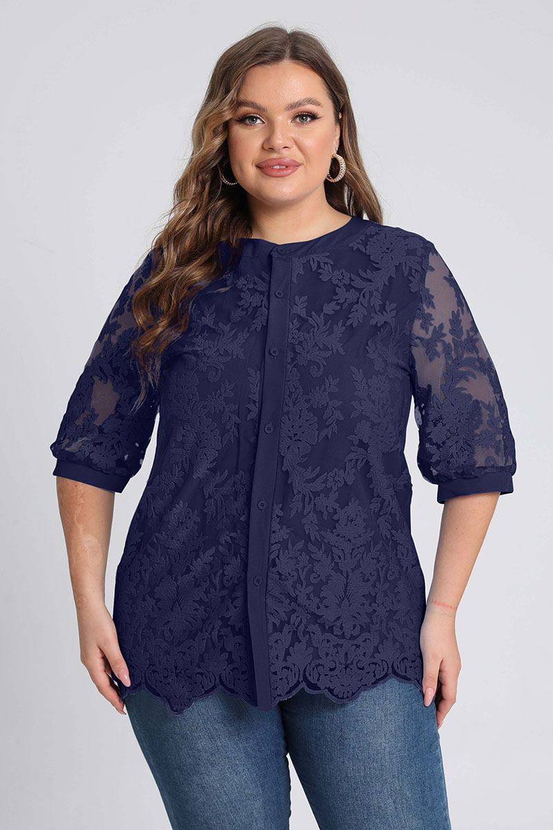 Plus Size Button Up Mesh Sleeve Embroidered Blouse 2024 - Flycurvy 
