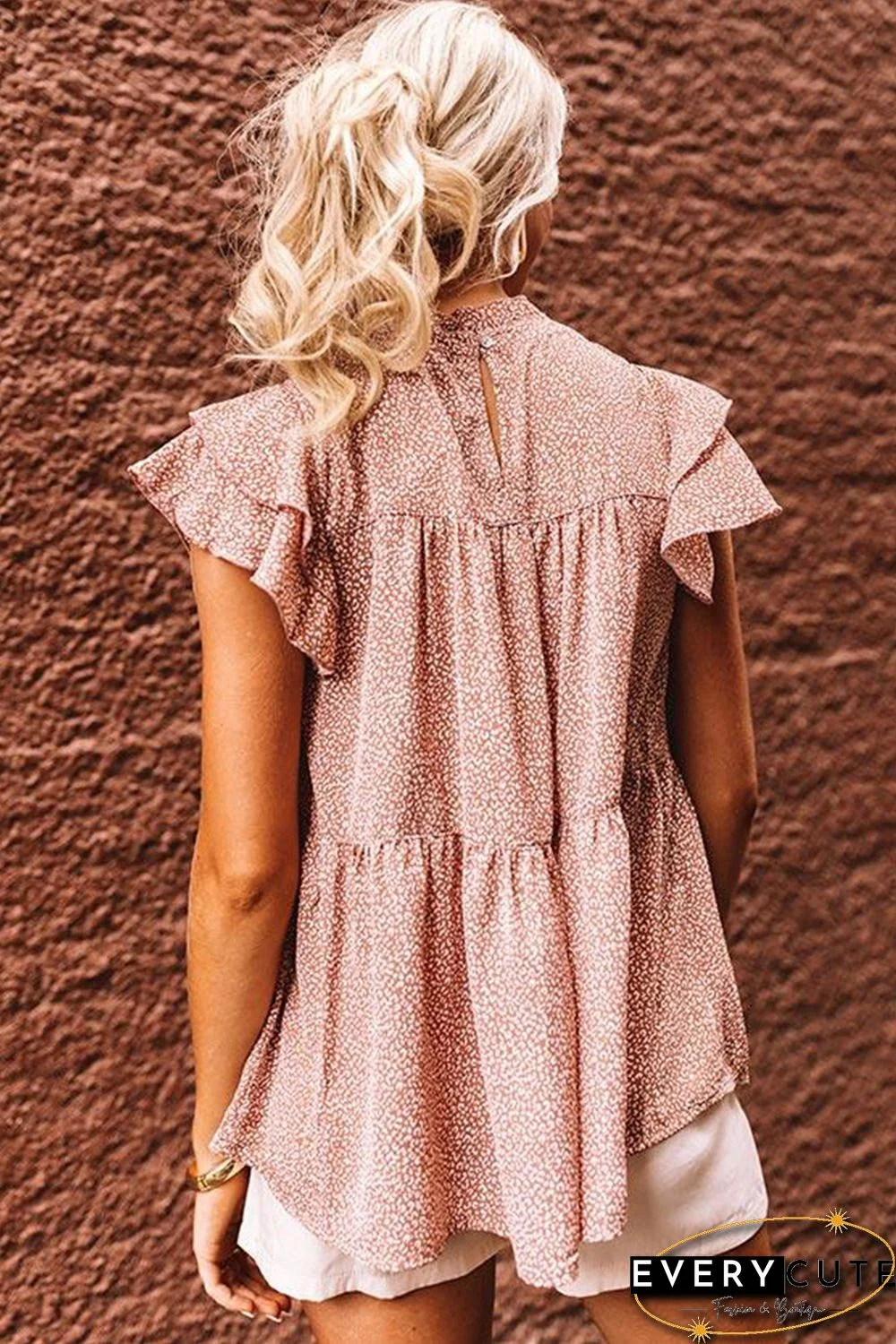 Pink Polka Dot Print Tiered Ruffled Short Sleeve T-shirt