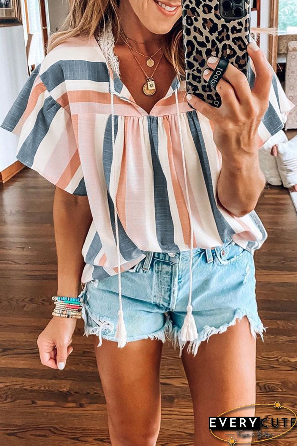 Multicolor Stripes Split Neck Pleated Ruffled Short Sleeves Top
