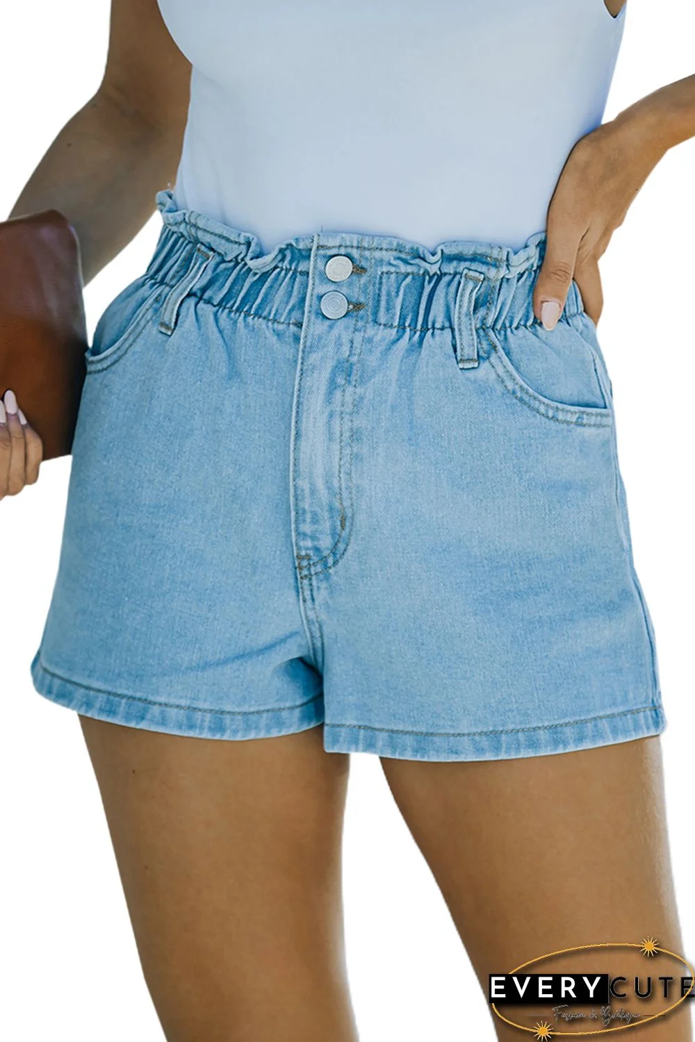 Sky Blue Paperbag Waist Washed Denim Shorts