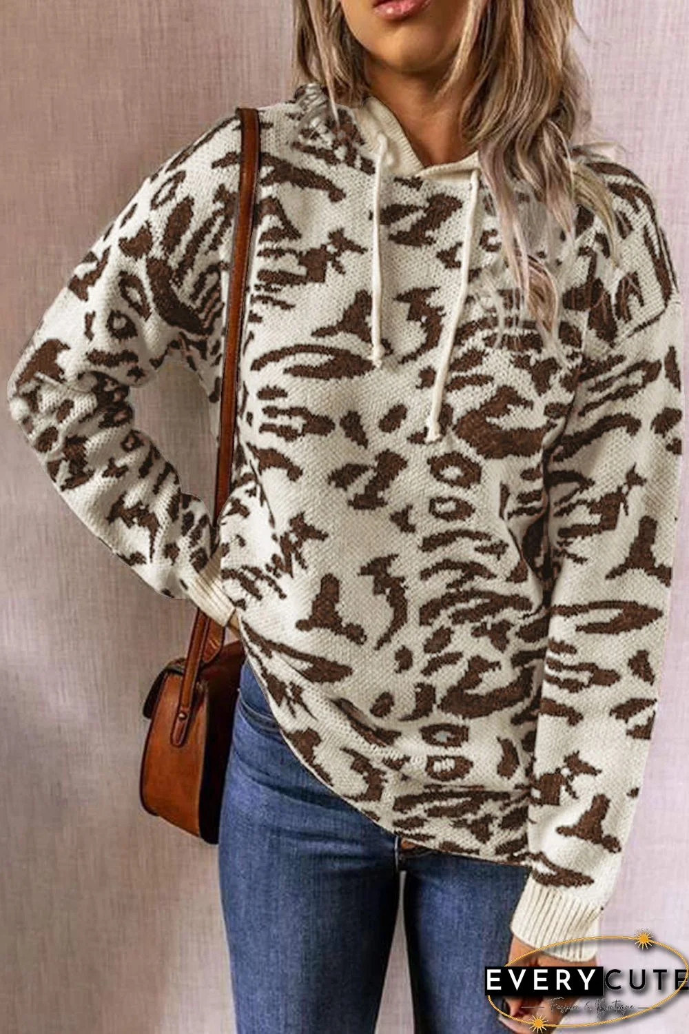 Beige Leopard Print Long Sleeve Hooded Sweatshirt