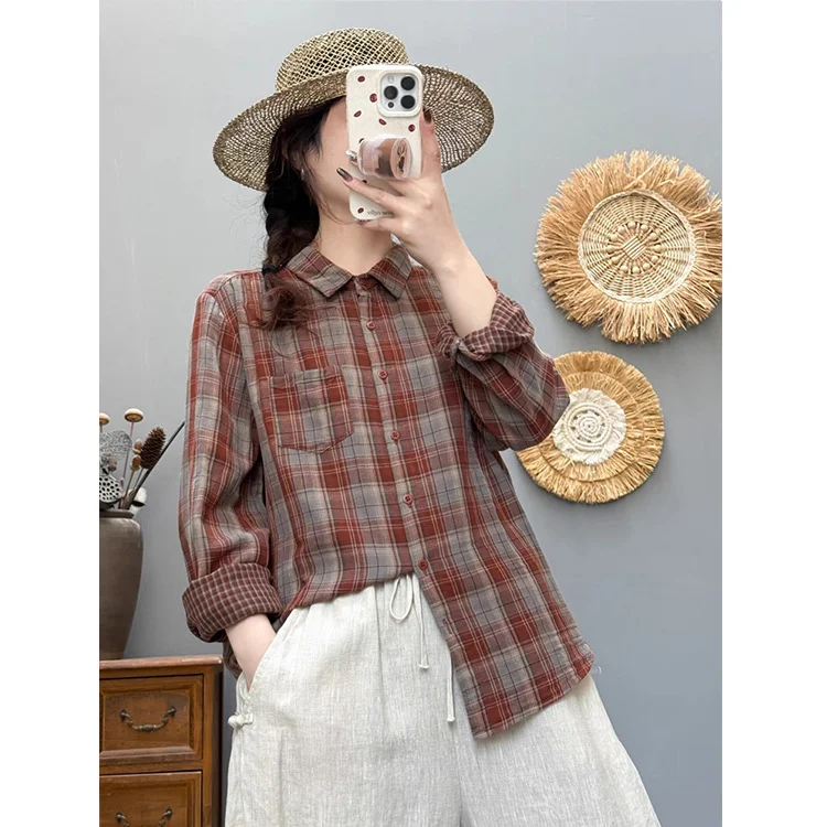 Athvotar Athvotar Spring And Autumn New Art Retro Long-Sleeved Shirt Women Loose Leisure Shirt Shirt Double Cotton Yarn Plaid