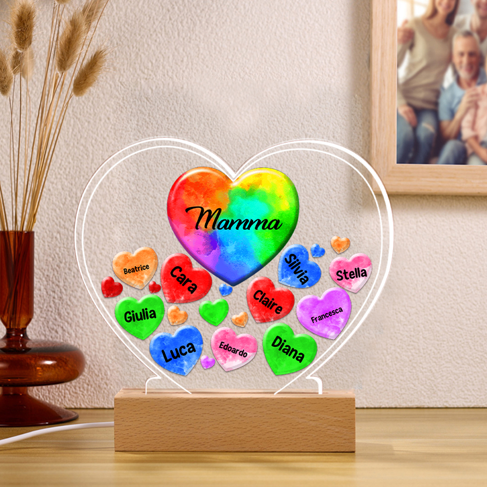 Lampada acrilica a forma di cuore con cuori colorati personalizzata nomi per mamma/nonna deco per casa