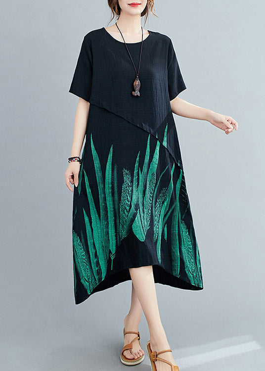 VCSHOES Loose Black O-Neck Print Linen Maxi Dress Short Sleeve