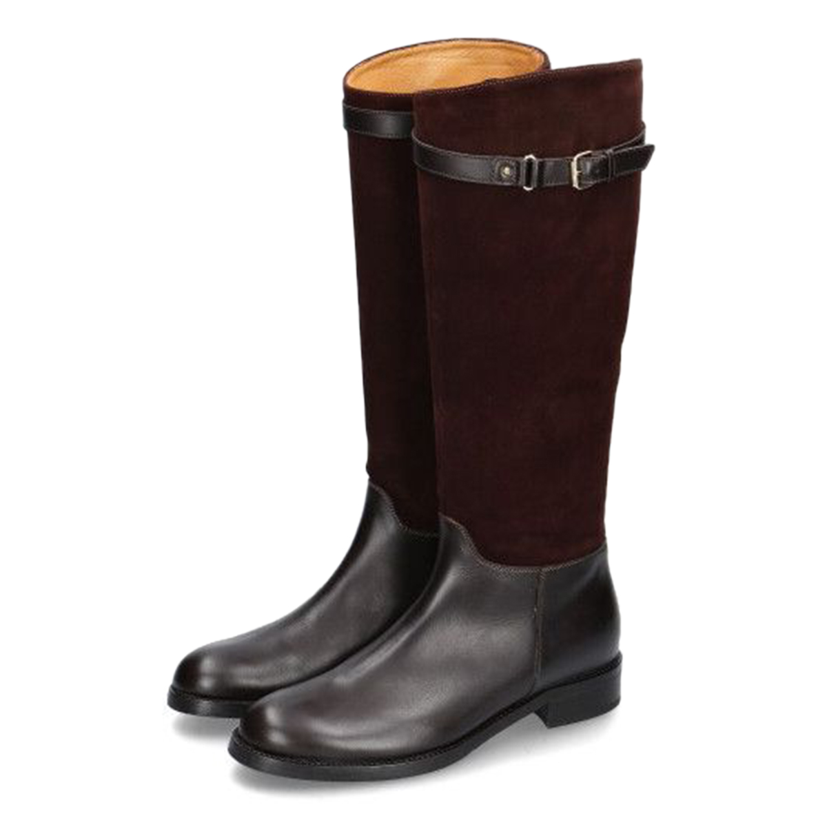Brown Patchwork Round Toe Flat Knee High Boots with Buckle Strap Nicepairs