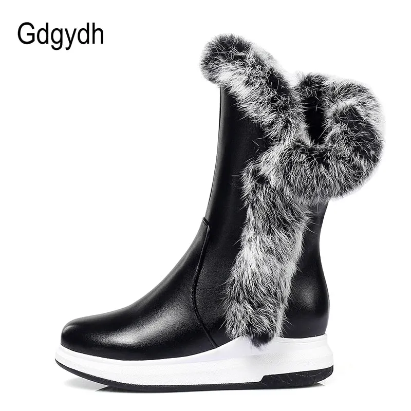 Gdgydh Animal Fur Women Snow Boots Flat Heels 2022 New Winter Cotton Shoes Woman With Zipper Black White Thick Plush Round Toe