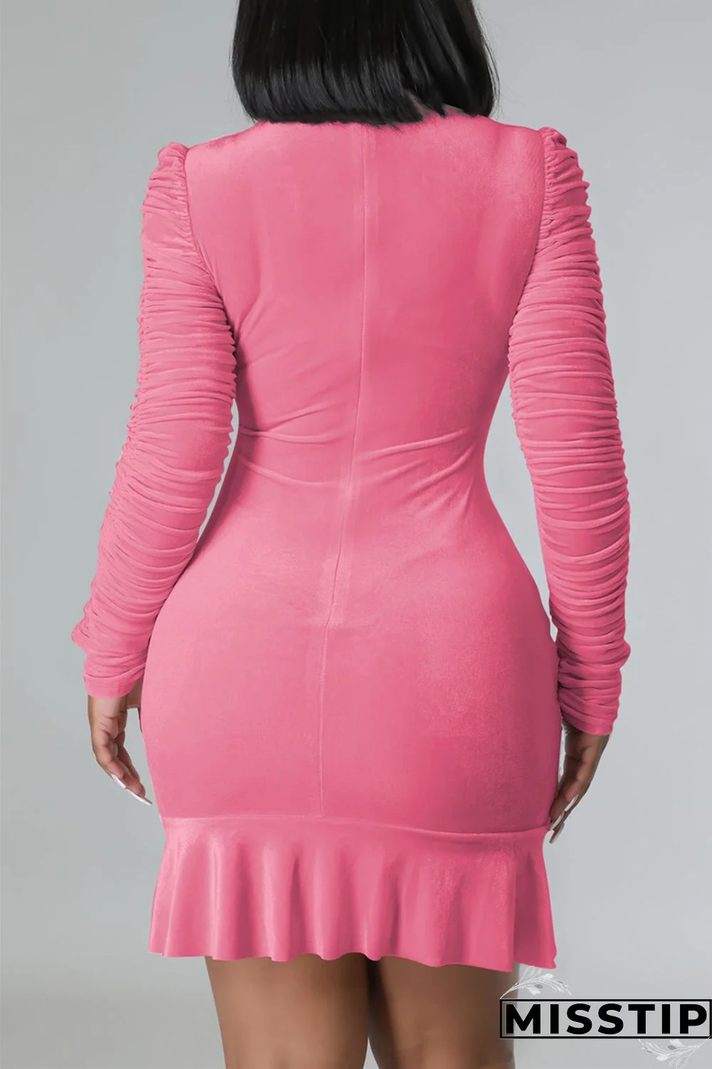 Pink Casual Solid Draw String Frenulum Fold Turtleneck Long Sleeve Dresses