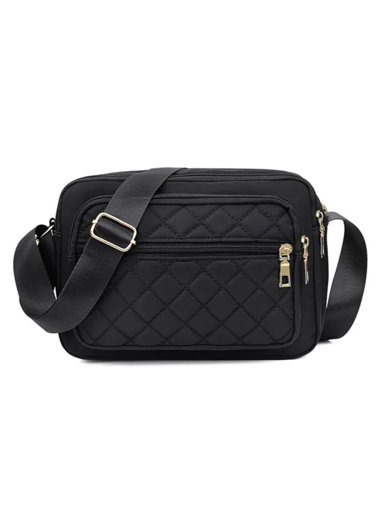Women Retro Canvas Solid Color Checker Messenger Bag Large Handbags (Black)