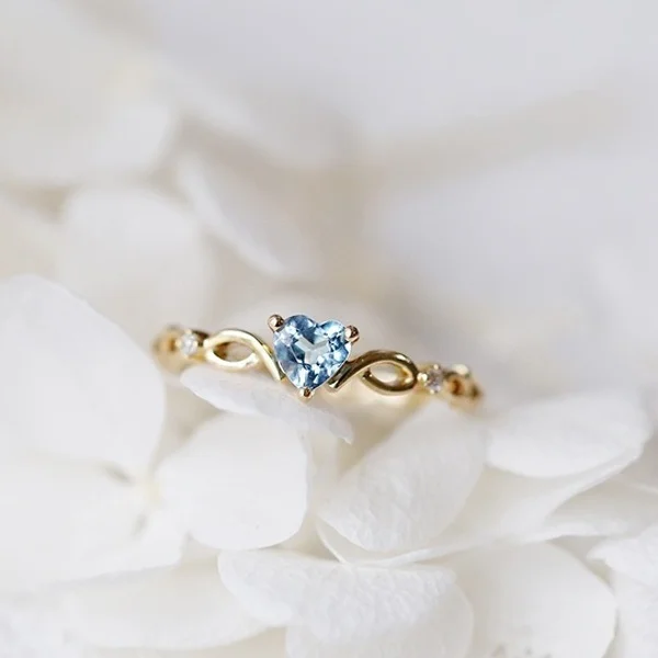 Women Dainty 18k Gold Seablue Eternal Heart Shaped Sapphire Diamond Gemstone Ring