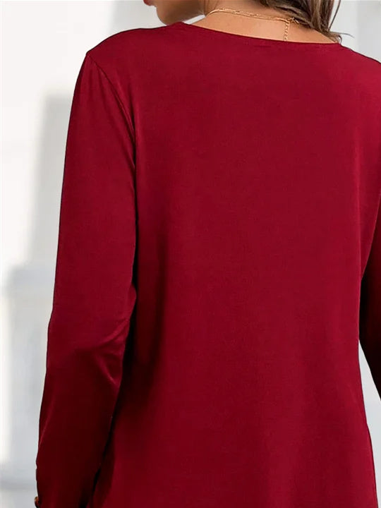 Women Long Sleeve V-neck Solid Button Tops