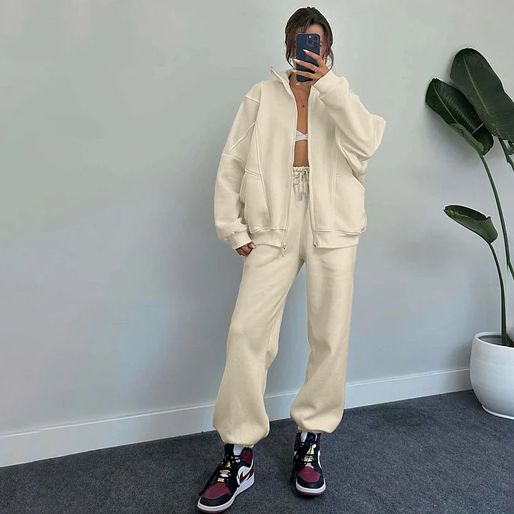 PASUXI Women's Solid Color Stand Collar Cardigan - Long Sleeve Sweater & Casual Pants Suit for Autumn/Winter huanwei